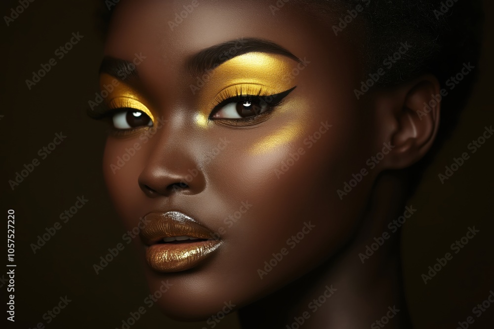 Elegant minimalistic portrait of a model with golden makeup highlighting radiant beauty and style