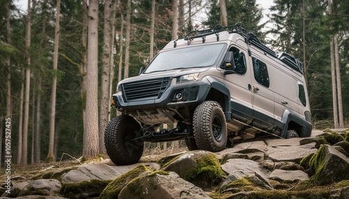 Futuristic offroad camper van on rocks in the woods