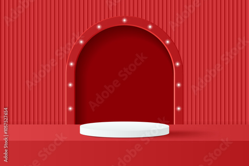 Abstract 3D red podium background. Modern minimalist mockup for product display presentation. Realistic red cylinder pedestal podium.