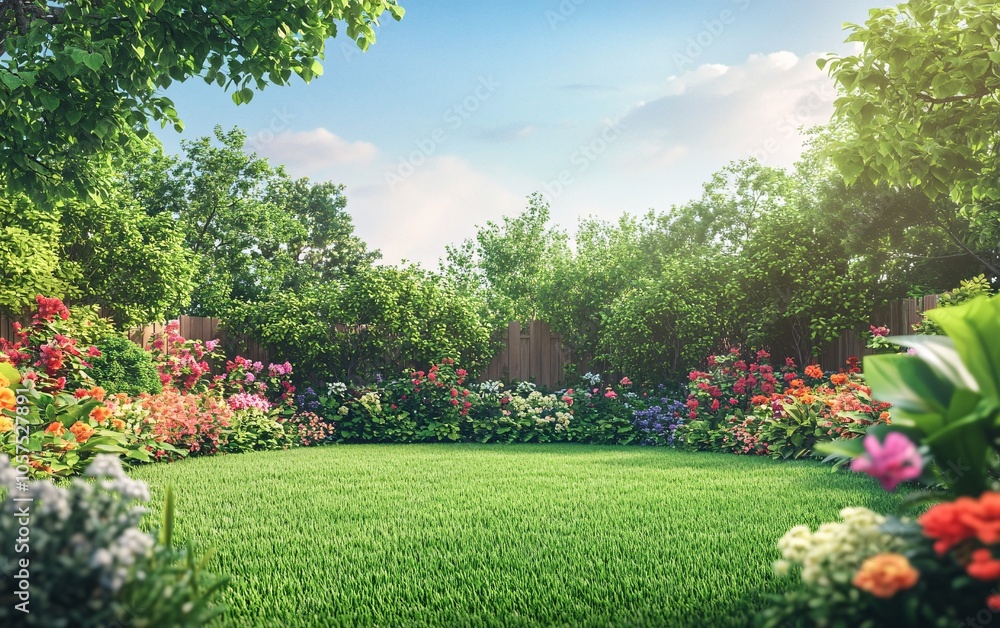 Obraz premium A vibrant garden scene filled with colorful flowers and lush green grass under a clear blue sky, creating a peaceful outdoor oasis.