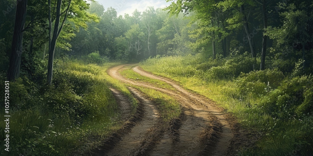 Obraz premium A rugged dirt path marked by shallow tire impressions runs through a summertime landscape filled with lush green trees and vibrant nature surrounding it.