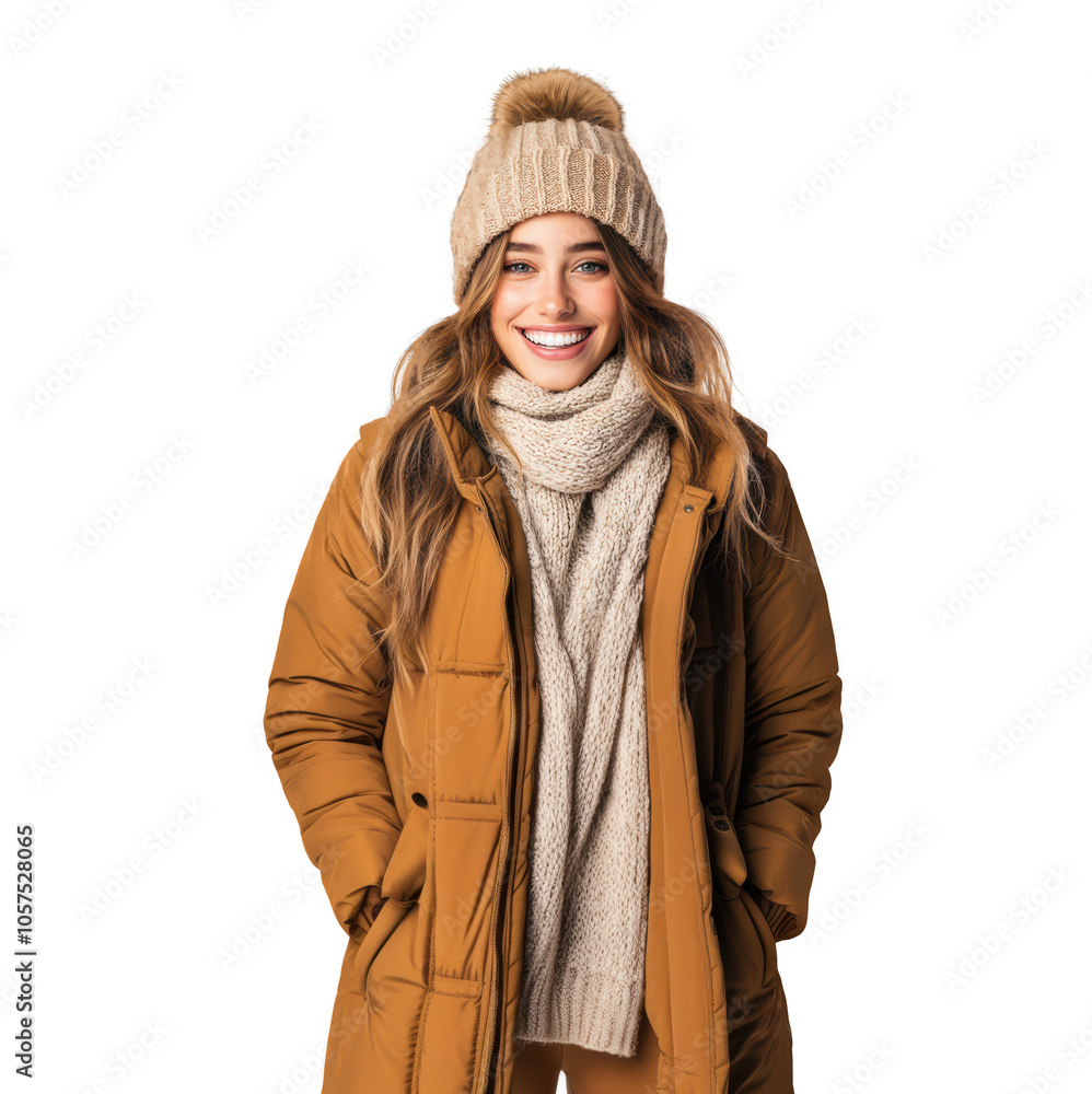 Smiling Woman in Winter Outfit on Transparent Background Smiling Woman in Winter Outfit on Transparent Background