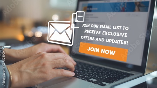 Hands typing on laptop for email subscription, digital marketing concept.