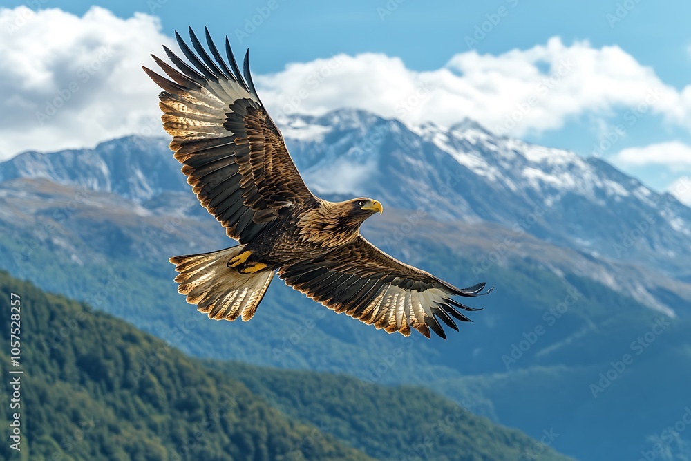 Fototapeta premium An eagle soars through the sky in front of a snow-capped mountain range.