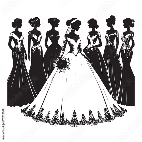 Christian Bride Silhouette Vector, Black on White Background 