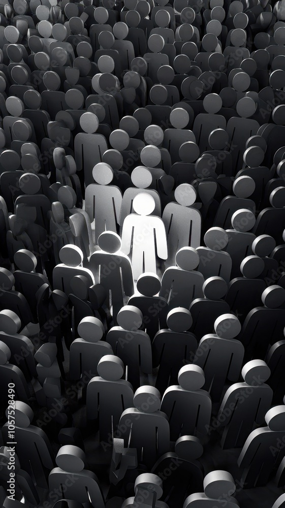 Obraz premium Central White Figure Amid Black Silhouettes in Crowd