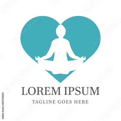 Simple meditation logo with a woman sitting in lotus position in front of a turquoise heart-shaped background. Suitable for health, yoga, wellness, and mindfulness businesses.