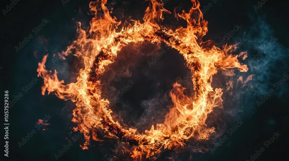 Fototapeta premium Fiery ring with bright, intense flames forming a perfect circle, burning against a dark background, capturing the energy of roaring fire.