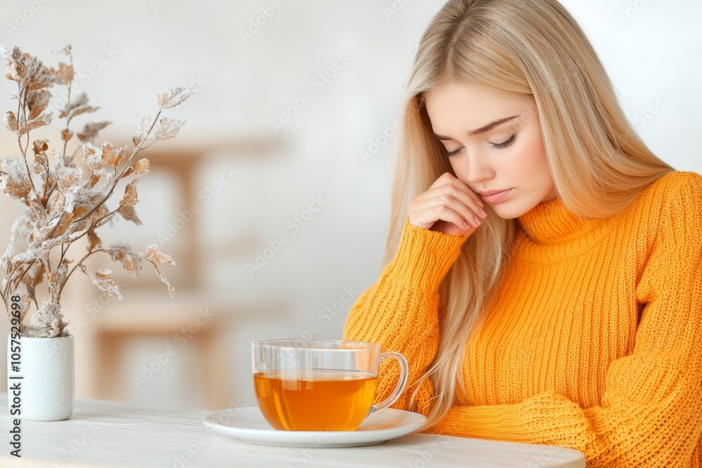 A contemplative young woman in a cozy orange sweater enjoys a cup of tea, lost in thought, with a soft, serene background setting. A contemplative young woman in a cozy orange sweater enjoys a cup of tea, lost in thought, with a soft, serene background setting.