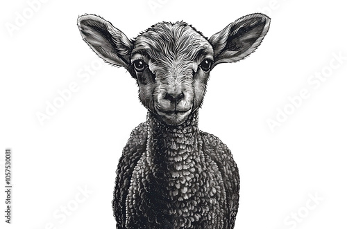 Sheep, lamb. Vintage retro print, black white sheep lamb sketch ink pencil style drawing, engrave old school. Sketch artwork silhouette farm sheep lamb. Side view profile. Illustration