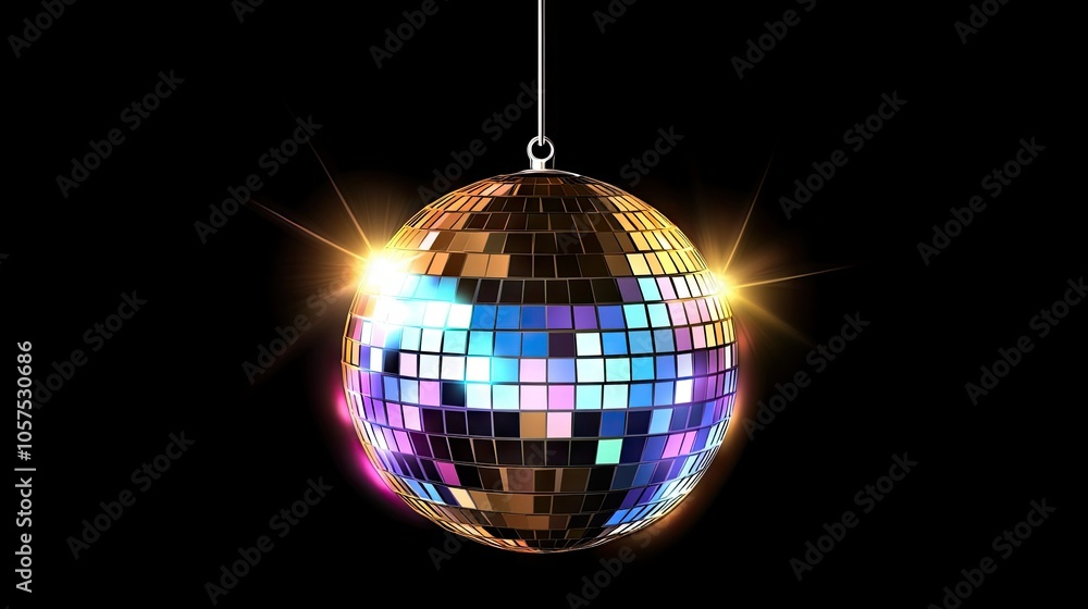 Obraz premium Hanging disco ball reflecting blue, purple, and gold lights onto a dark background, with soft glow and scattered reflections