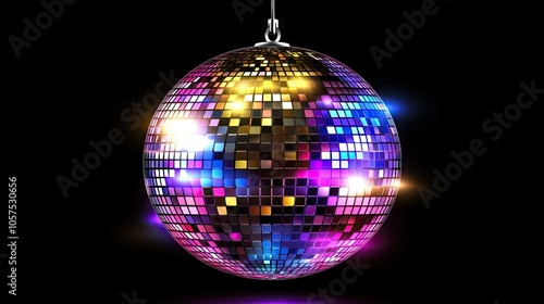 Hanging disco ball reflecting blue, purple, and gold lights onto a dark background, with soft glow and scattered reflections