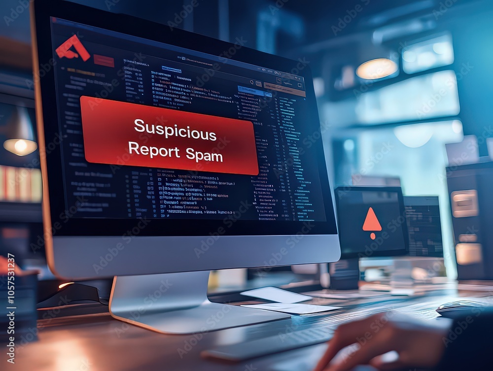  Sleek desktop monitor showing urgent red spam alert popup over cluttered email inbox, indicating security risk.