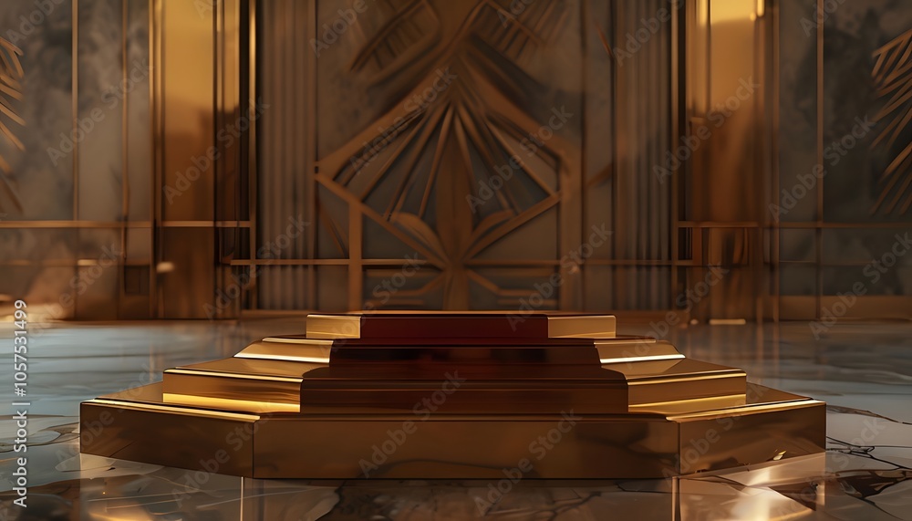 Golden Podium with Geometric Edges on Marble Floor Golden Podium with Geometric Edges on Marble Floor