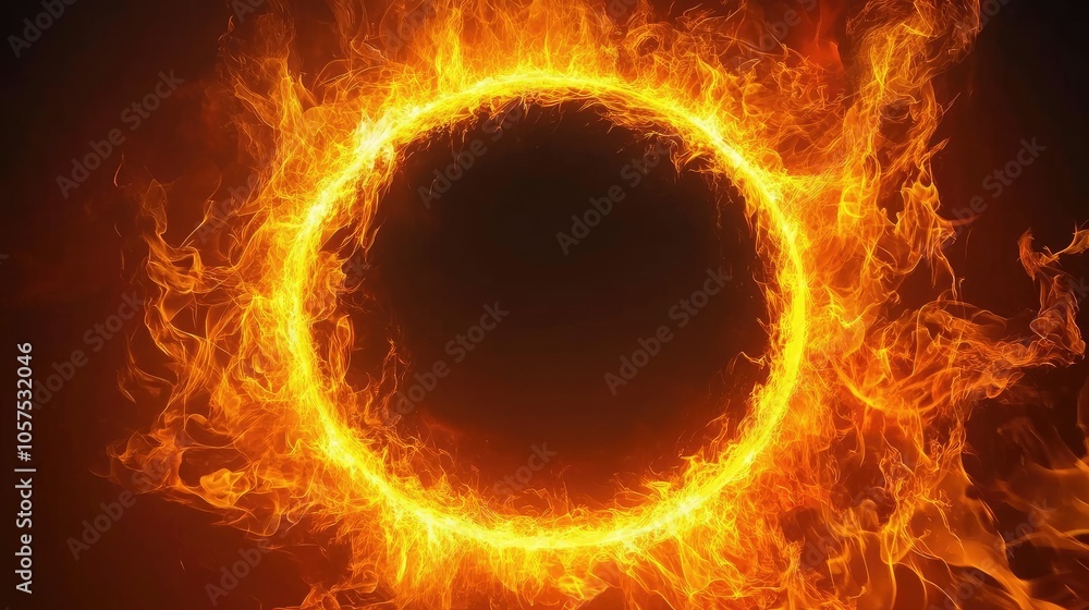 Fototapeta premium Ring of fire with bright, energetic flames forming a perfect circle, against a black background, glowing orange.