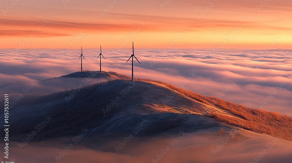 Series of wind turbines on a hillside under a peaceful dawn sky, with soft light illuminating the landscape and early morning mist Series of wind turbines on a hillside under a peaceful dawn sky, with soft light illuminating the landscape and early morning mist