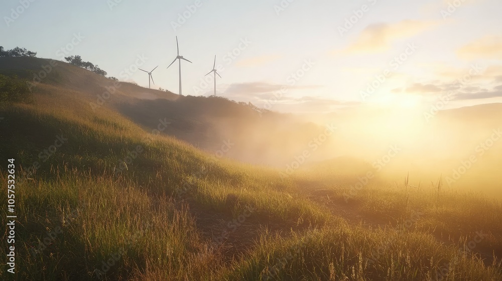 Obraz premium Series of wind turbines on a hillside under a peaceful dawn sky, with soft light illuminating the landscape and early morning mist