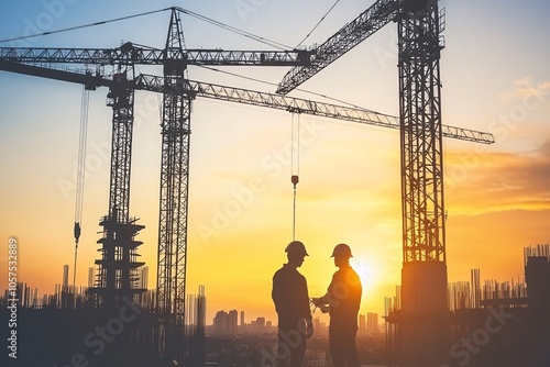 Two construction workers discussing plans at sunset, silhouetted against cranes and a vibrant sky, representing teamwork and project development.