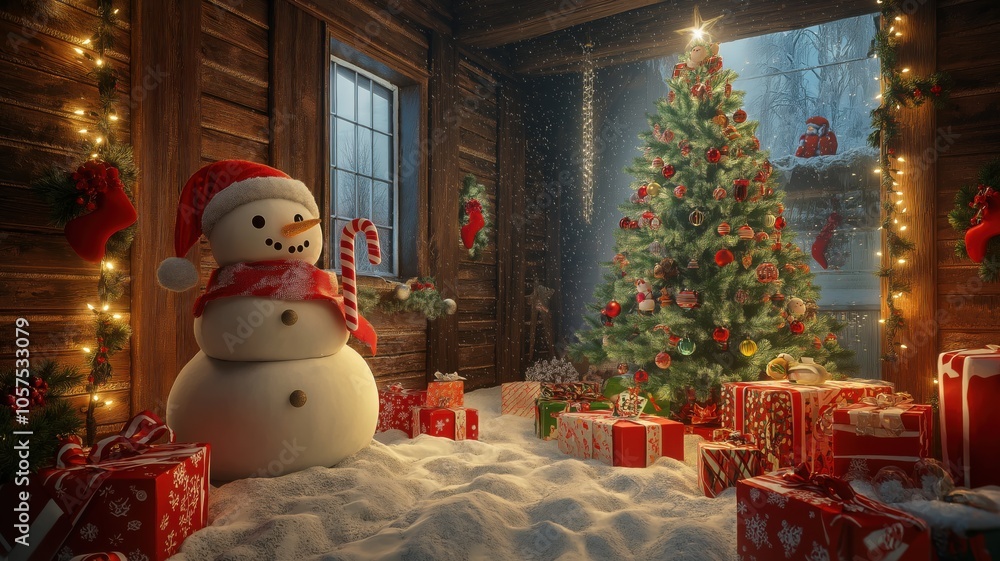 Cozy winter cabin with a decorated Christmas tree, snowman, and presents ready for the festive holiday season Cozy winter cabin with a decorated Christmas tree, snowman, and presents ready for the festive holiday season