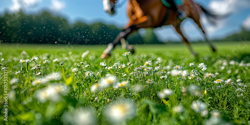 majestic horse gallops through lush green meadow, with daisies in foreground and blurred background, creating sense of motion and freedom