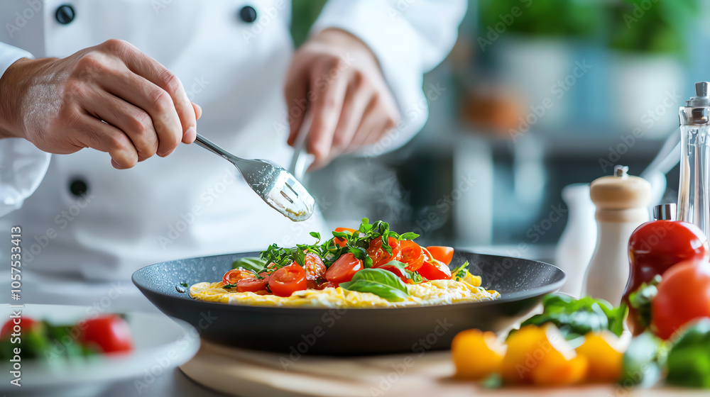 A culinary masterclass chef skillfully folding an omelette with fresh ingredients in a skillet A culinary masterclass chef skillfully folding an omelette with fresh ingredients in a skillet
