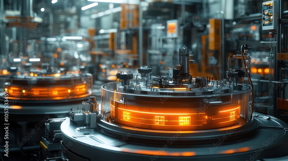 Industrial facility with glowing machinery and advanced technology. Industrial facility with glowing machinery and advanced technology.
