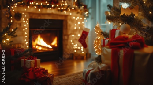 Cozy Christmas evening with a warm fireplace and beautifully decorated tree in a festive living room