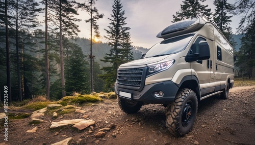 Futuristic offroad camper van on rocks in the woods