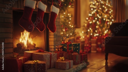 Warm Christmas evening with stockings and beautifully wrapped gifts by a glowing fireplace