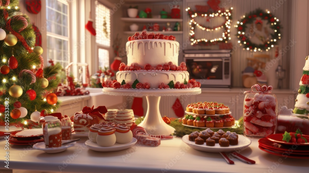 Festive holiday dessert table featuring cakes, cookies, and decorations in a cozy kitchen with holiday lights Festive holiday dessert table featuring cakes, cookies, and decorations in a cozy kitchen with holiday lights