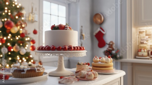 Delicious holiday desserts displayed in a cozy kitchen with a festive Christmas tree glowing softly in the background