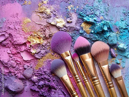 Colorful makeup brushes arranged on a vibrant background of crushed powders, showcasing the artistry and beauty of makeup application. photo