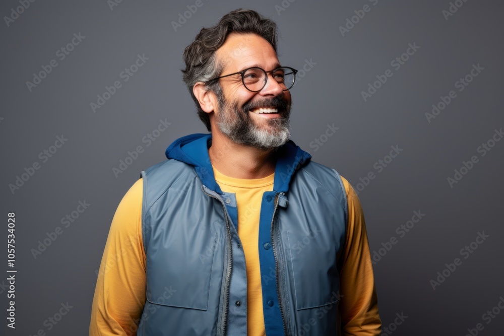 Portrait of a cheerful man in his 40s dressed in a water-resistant gilet over blank studio backdrop Portrait of a cheerful man in his 40s dressed in a water-resistant gilet over blank studio backdrop