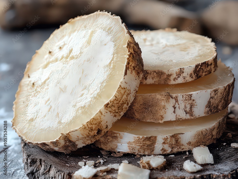 Cross-sections of fresh horseradish root in thin, uneven slices, showing pale, fibrous interiors with rustic, rough-edged exterior and scattered shavings for a natural, earthy look. Cross-sections of fresh horseradish root in thin, uneven slices, showing pale, fibrous interiors with rustic, rough-edged exterior and scattered shavings for a natural, earthy look.