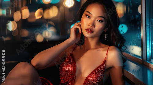 Stunning Asian fashion model in a snug evening gown