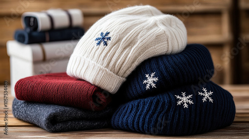 Cozy knit hats with embroidered snowflakes stacked on wooden table