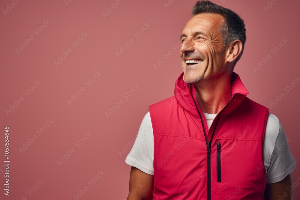 Portrait of a cheerful man in his 40s dressed in a water-resistant gilet on blank studio backdrop Portrait of a cheerful man in his 40s dressed in a water-resistant gilet on blank studio backdrop
