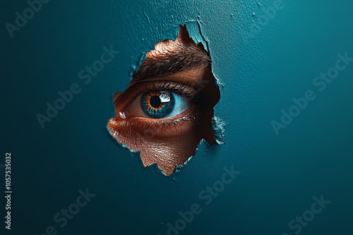 Minimalist depiction of an eye peering from a shadowed background, capturing the watchful tension of a suspect under observation, symbolizing suspense and clarity