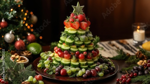 Festive fruit and vegetable tower shaped like a Christmas tree, adorned with strawberries and grapes at a holiday gathering