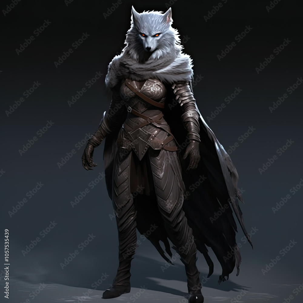 Fototapeta premium Full-body character design of an anthropomorphic female wolf, wearing leather armor and a cloak with fur on the hood, against a dark gray background...