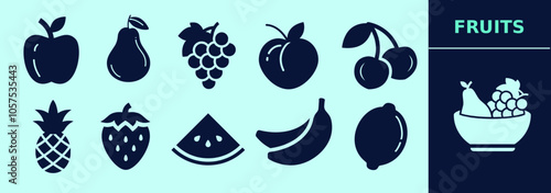 Fruits SOLID icon set for logo, marketing, digital work. Apple, pear, banana, pineapple, cherry, peach, grapes, strawberry, watermelon, lemon. Editable outline, size and color.
