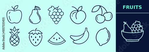Fruits LINE icon set for logo, marketing, digital work. Apple, pear, banana, pineapple, cherry, peach, grapes, strawberry, watermelon, lemon. Editable outline, size and color.