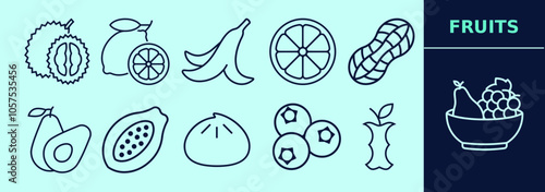 Fruits LINE icon set for logo, marketing, digital work. Rambutan, lemon, orange, banana peel, pear, papaya, fig, blackberries, apple pit, peanut. Editable outline, size and color.