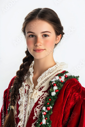 Young beautiful beauty Christmas dress on white background, Christmas beauty wallpaper