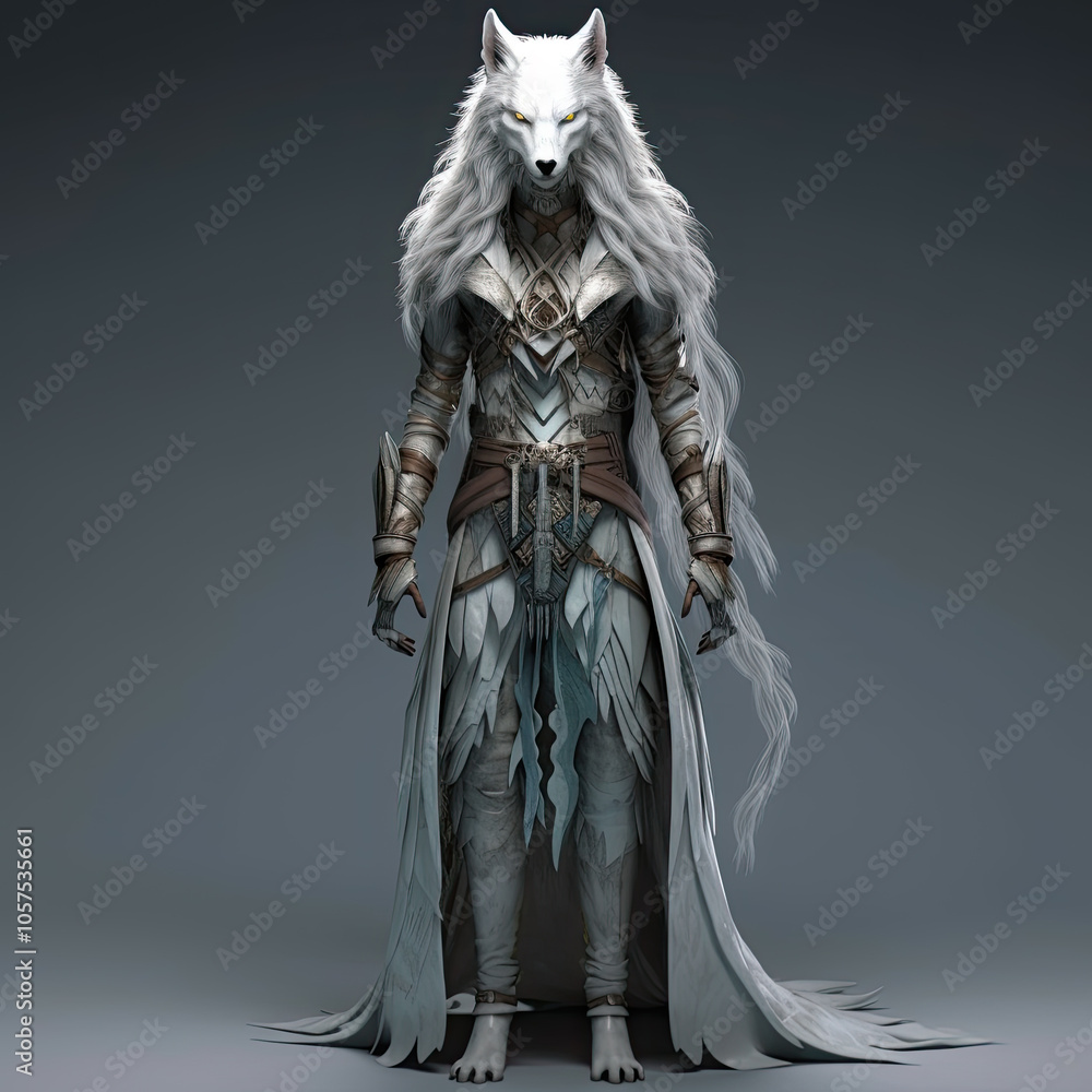 Fototapeta premium Full-body character design of an anthropomorphic female wolf, wearing leather armor and a cloak with fur on the hood, against a dark gray background...