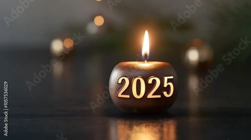 Close-up shot of a decorative "2025" candle, burning softly, 4K resolution