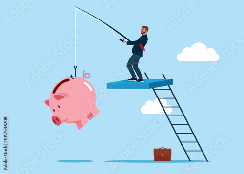 Businessman catching pink piggy bank on fishing rod. Investing money. Flat vector illustration