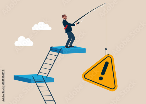 Businessman catching exclamation attention sign on fishing rod. Incident management, root cause analysis or solving problem, identify risk or critical failure concept. Flat vector illustration