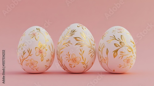 3D Easter eggs adorned with gold floral designs set against a pink background. This flat lay image creates an inviting scene perfect for a greeting card. Minimal concept with copy space.