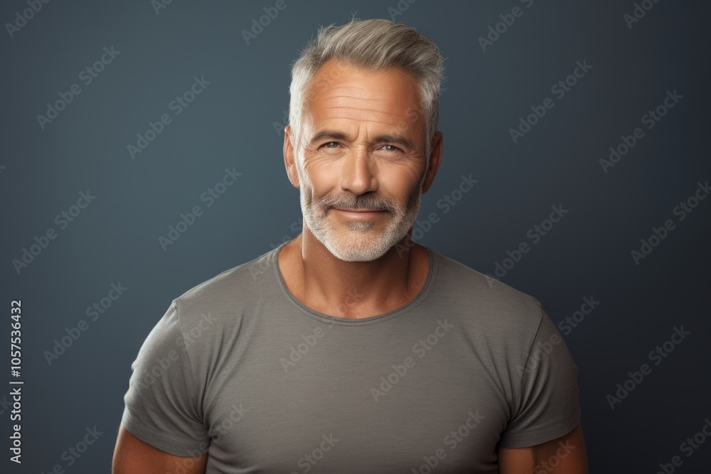 Portrait of a satisfied man in his 60s donning a trendy cropped top isolated on blank studio backdrop Portrait of a satisfied man in his 60s donning a trendy cropped top isolated on blank studio backdrop